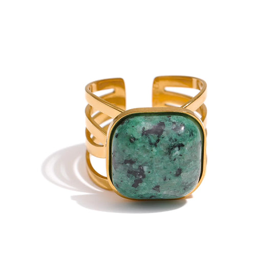 Adjustable green natural turquoise bezel ring - product image