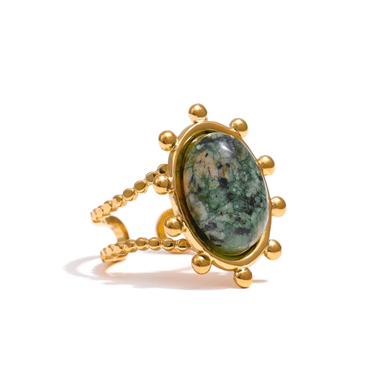 Adjustable green natural turquoise bezel ring - product image