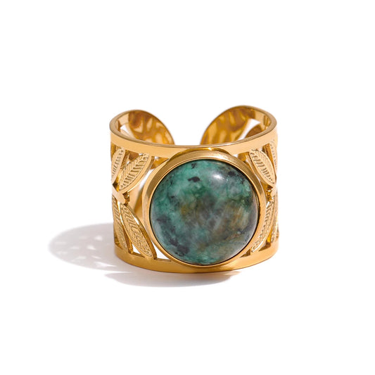 Adjustable green natural turquoise bezel ring - product image