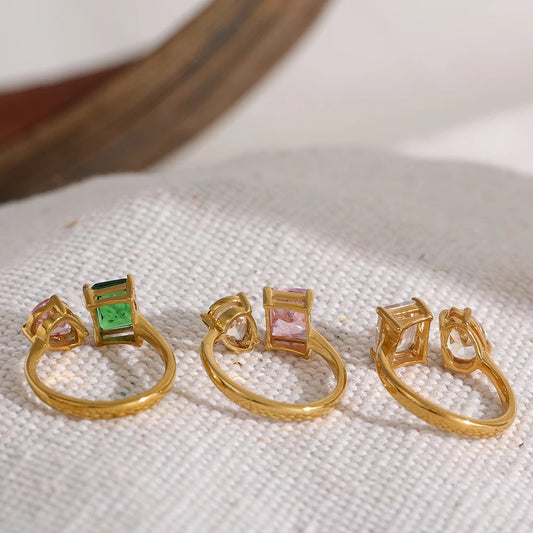 Adjustable pink green cubic zirconia ring - product image
