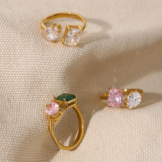 Adjustable pink green cubic zirconia ring - product image