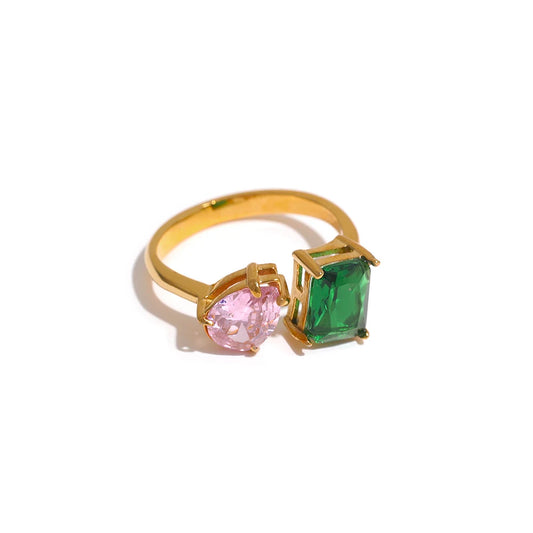 Adjustable pink green cubic zirconia ring - product image