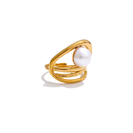Adjustable simulated pearl contemporary hollow resizable ring - product image