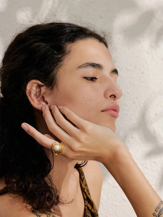 Adjustable simulated pearl contemporary hollow resizable ring - product image