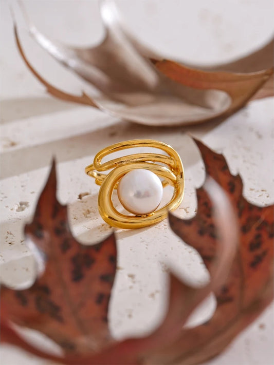 Adjustable simulated pearl contemporary hollow resizable ring - product image