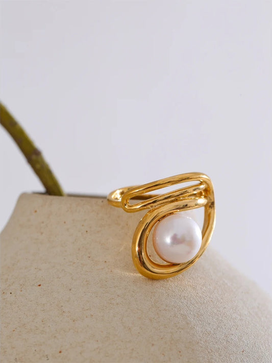 Adjustable simulated pearl contemporary hollow resizable ring - product image