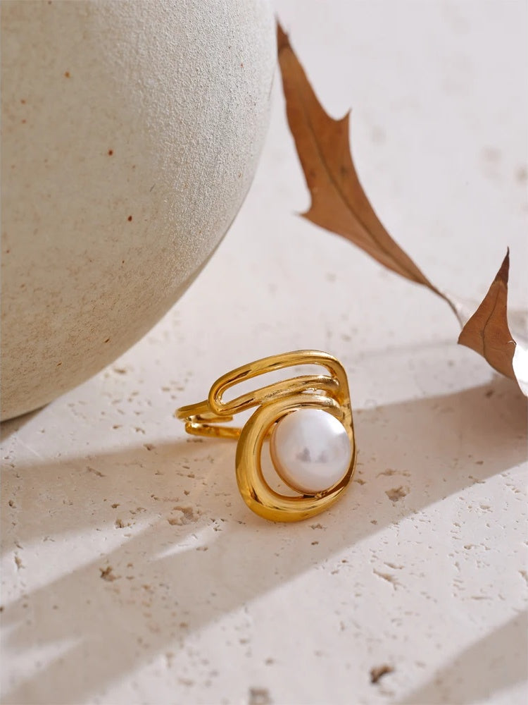 Adjustable simulated pearl contemporary hollow resizable ring - product image