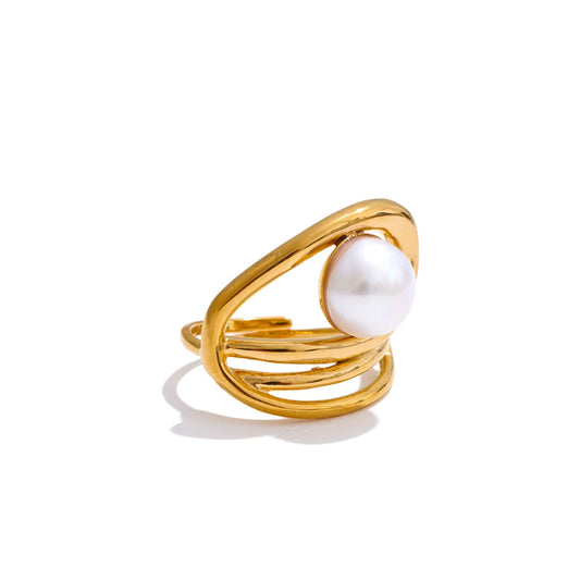 Adjustable simulated pearl contemporary hollow resizable ring - product image