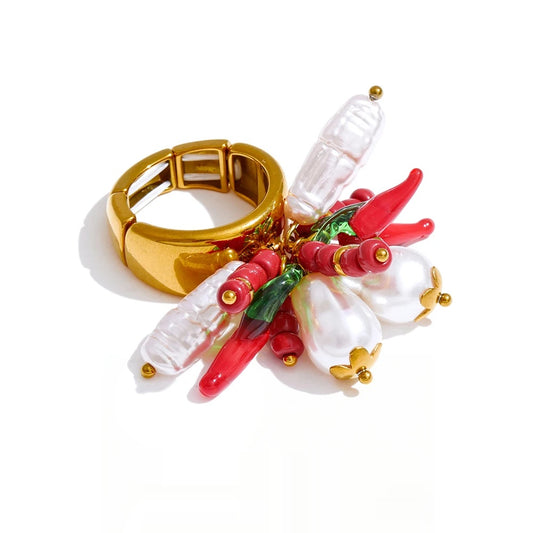 Adjustable simulated pearls chili charm ring - product image