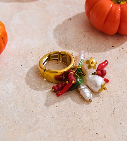 Adjustable simulated pearls chili charm ring - product image