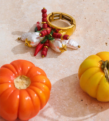 Adjustable simulated pearls chili charm ring - product image