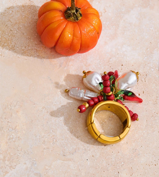 Adjustable simulated pearls chili charm ring - product image