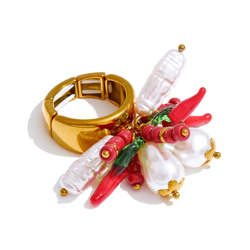 Adjustable simulated pearls chili charm ring - product image