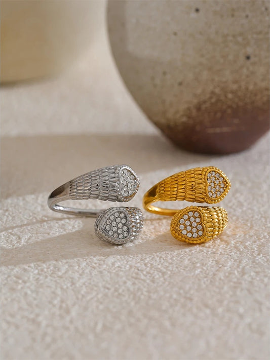 Adjustable zirconia heart snake party ring - product image