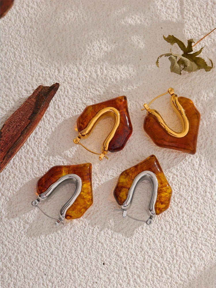Amber resin geometry trendy hoop earrings - product image