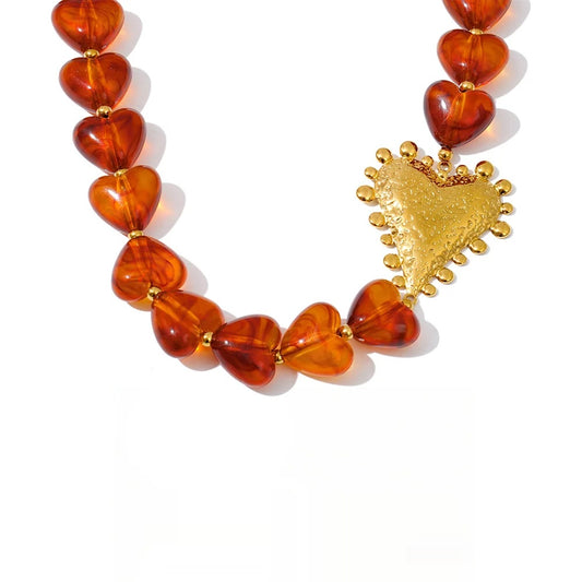 Amber resin heart chain handmade necklace - product image