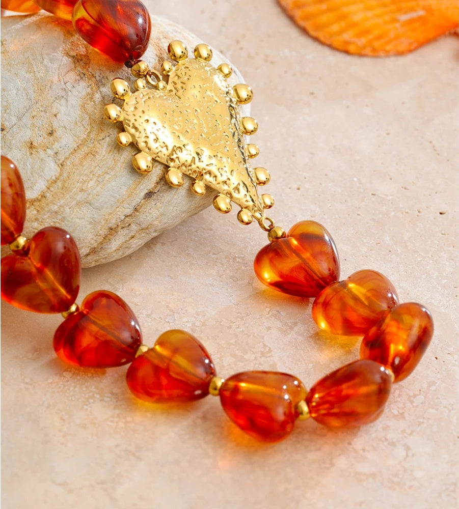 Amber resin heart chain handmade necklace - product image
