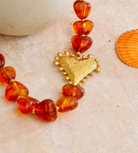 Amber resin heart chain handmade necklace - product image