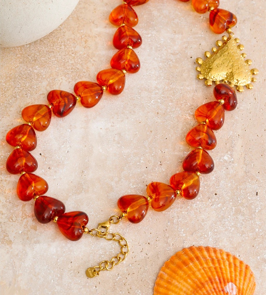 Amber resin heart chain handmade necklace - product image