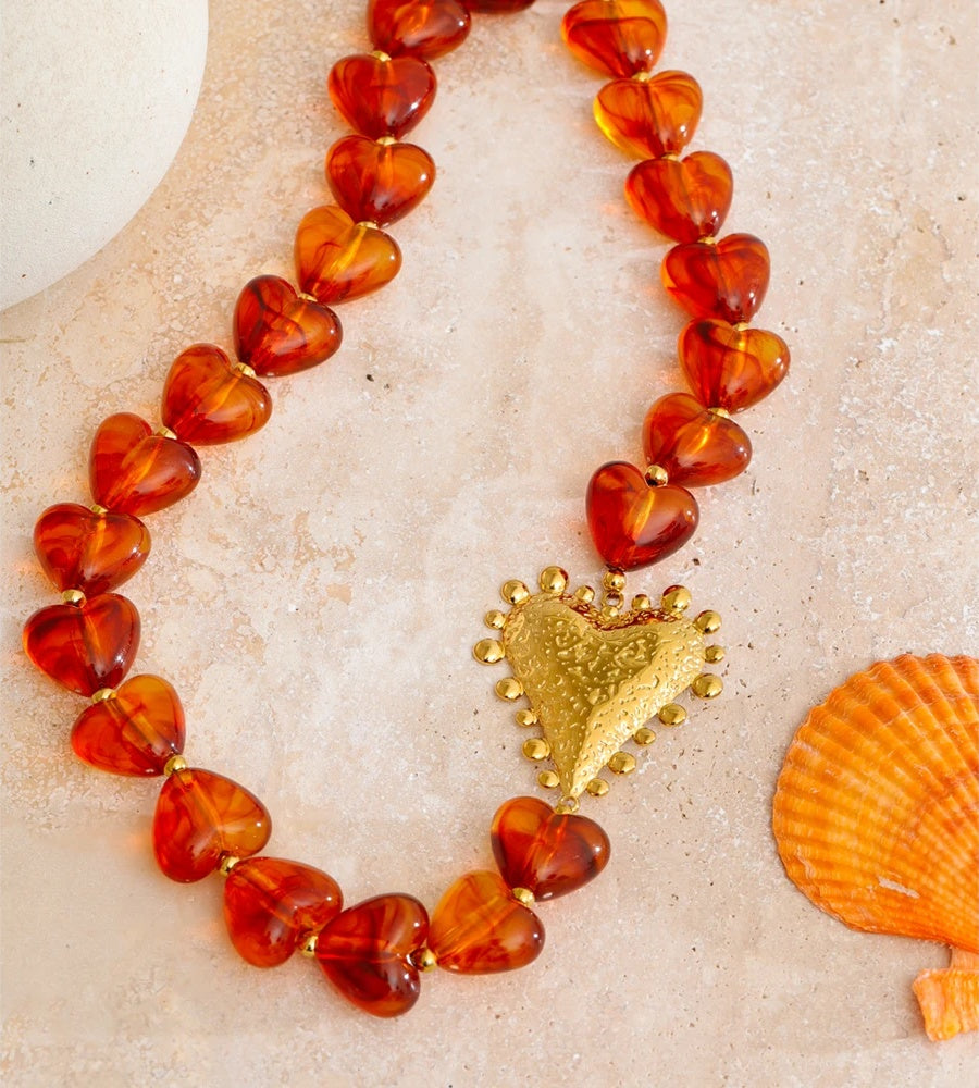 Amber resin heart chain handmade necklace - product image