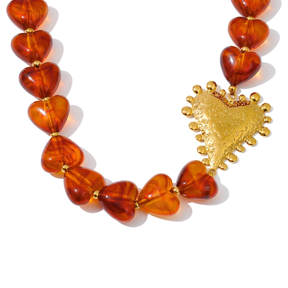 Amber resin heart chain handmade necklace - product image