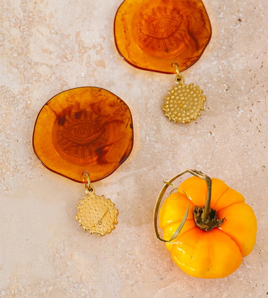 Amber resin round eye shape drop earrings - product image
