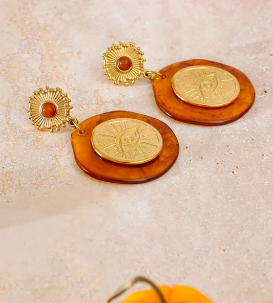 Amber resin round eye shape drop earrings - product image