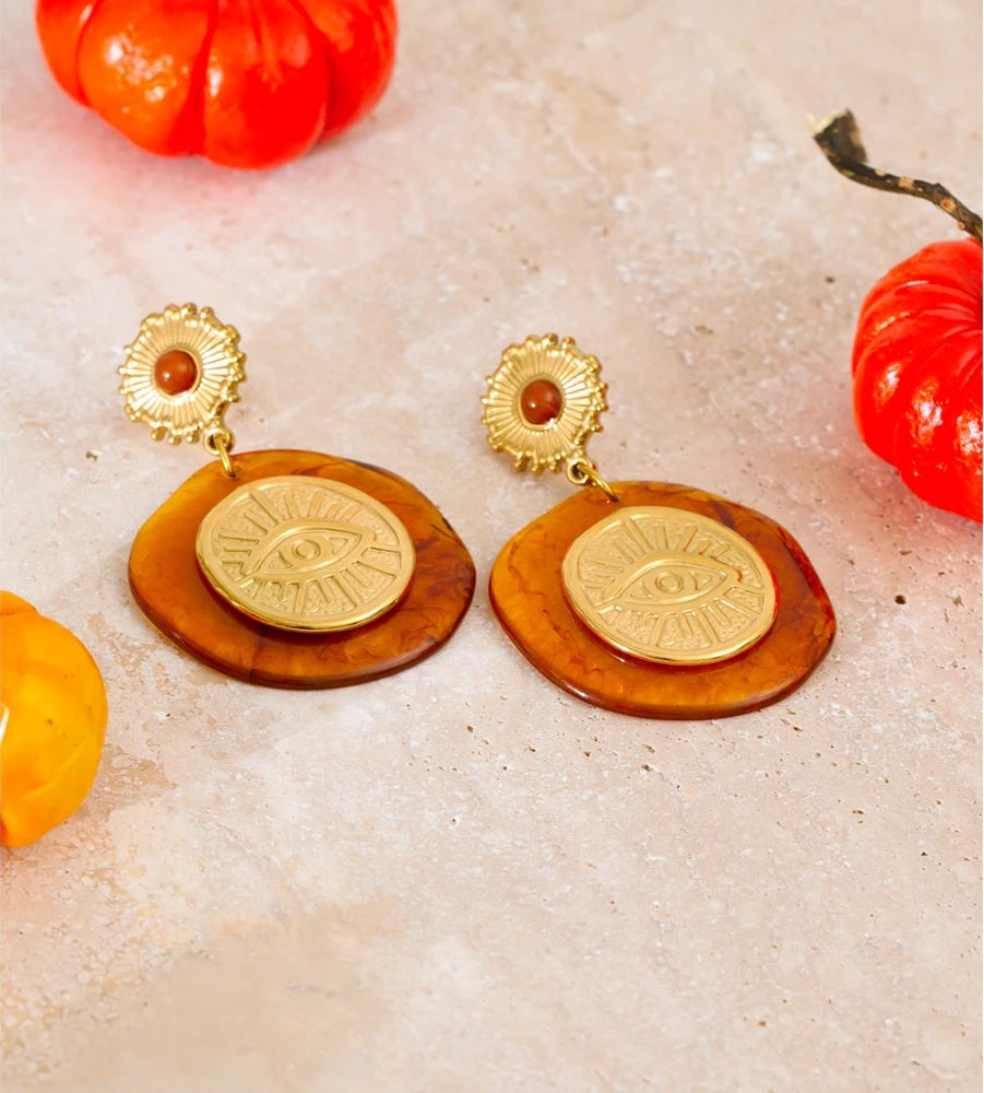 Amber resin round eye shape drop earrings - product image