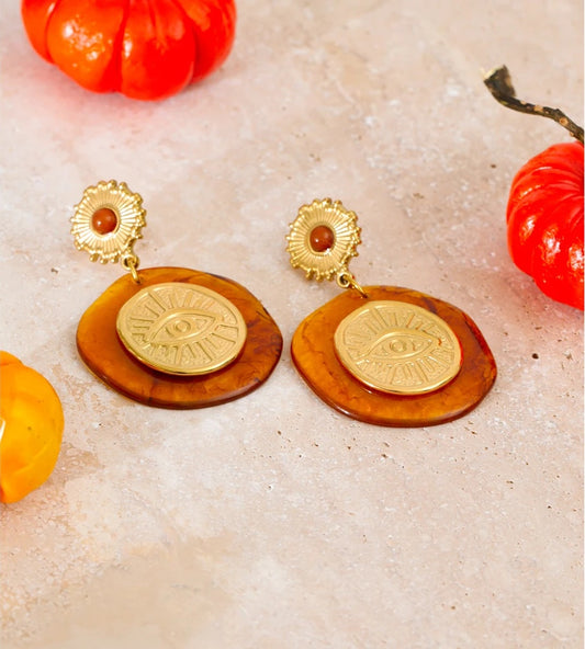 Amber resin round eye shape drop earrings - product image
