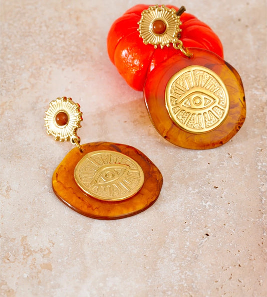 Amber resin round eye shape drop earrings - product image