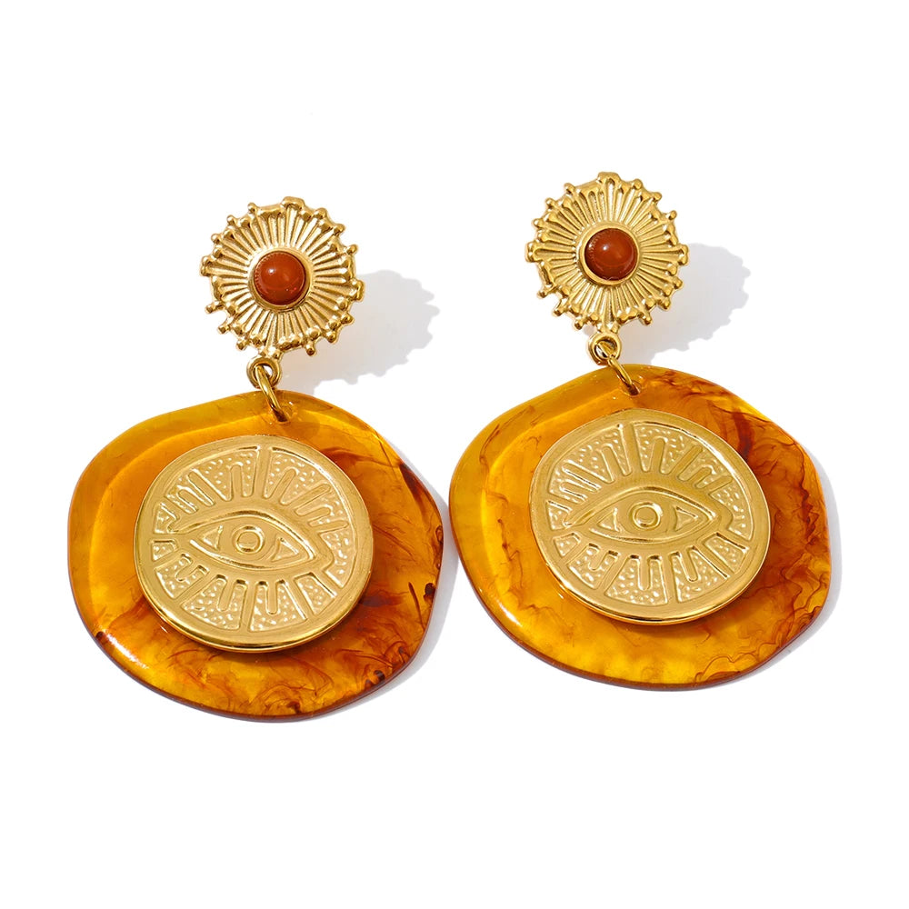 Amber resin round eye shape drop earrings - product image