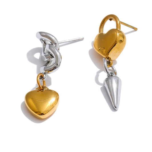 Asymmetrical heart lock chain drop dangle earrings - product image
