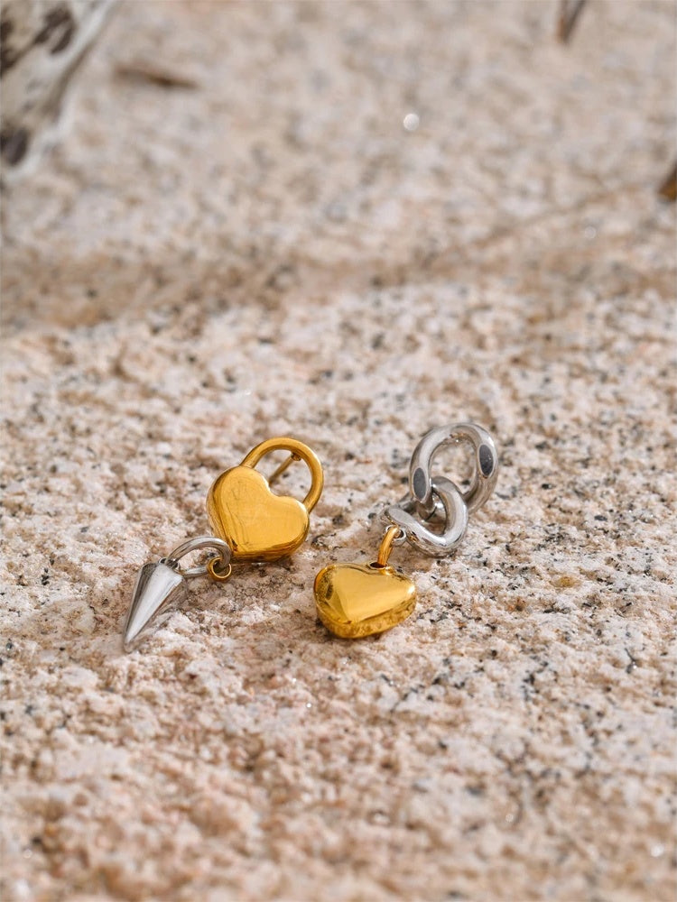 Asymmetrical heart lock chain drop dangle earrings - product image