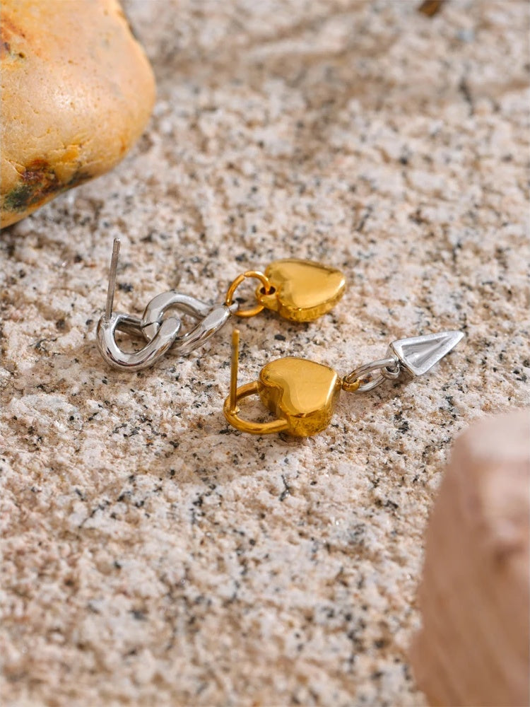 Asymmetrical heart lock chain drop dangle earrings - product image