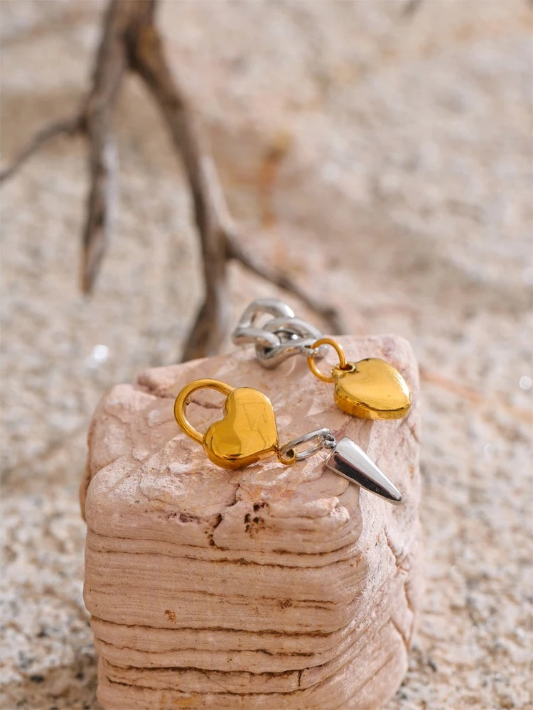 Asymmetrical heart lock chain drop dangle earrings - product image