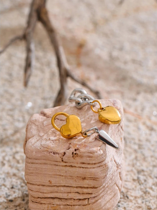 Asymmetrical heart lock chain drop dangle earrings - product image