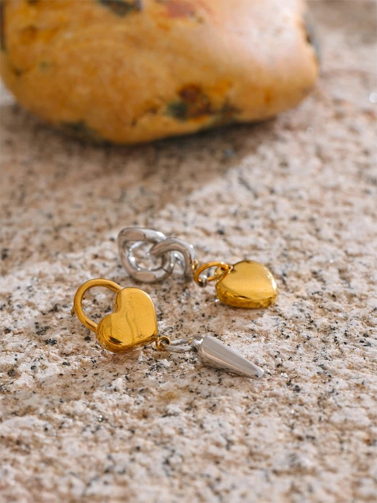 Asymmetrical heart lock chain drop dangle earrings - product image