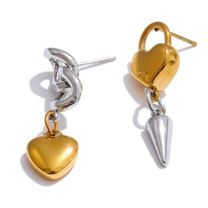 Asymmetrical heart lock chain drop dangle earrings - product image