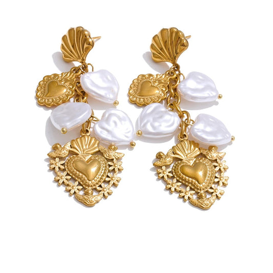 Baroque imitation pearls heart drop dangle earrings - product image