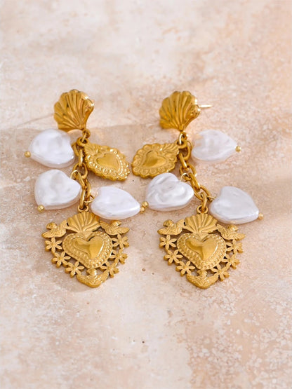 Baroque imitation pearls heart drop dangle earrings - product image