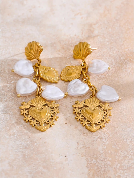 Baroque imitation pearls heart drop dangle earrings - product image