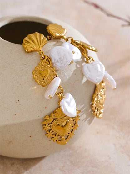 Baroque imitation pearls heart drop dangle earrings - product image