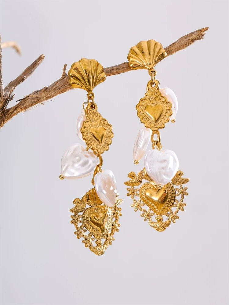 Baroque imitation pearls heart drop dangle earrings - product image