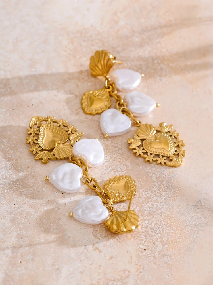 Baroque imitation pearls heart drop dangle earrings - product image