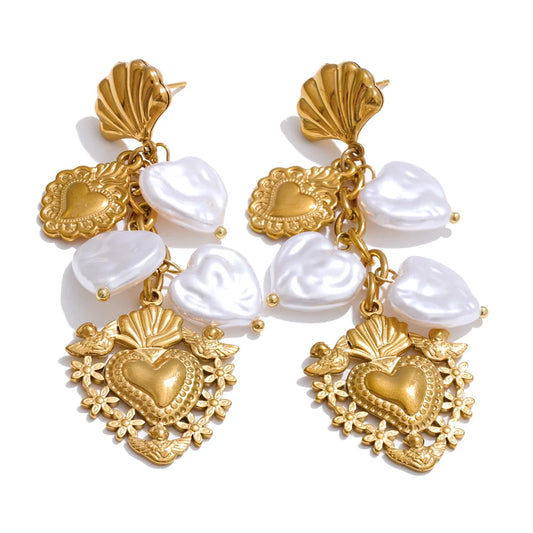 Baroque imitation pearls heart drop dangle earrings - product image