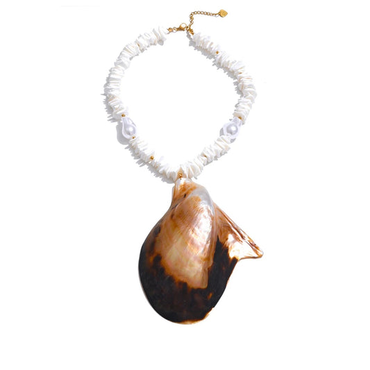 Baroque simulated pearl shell pendant necklace - product image