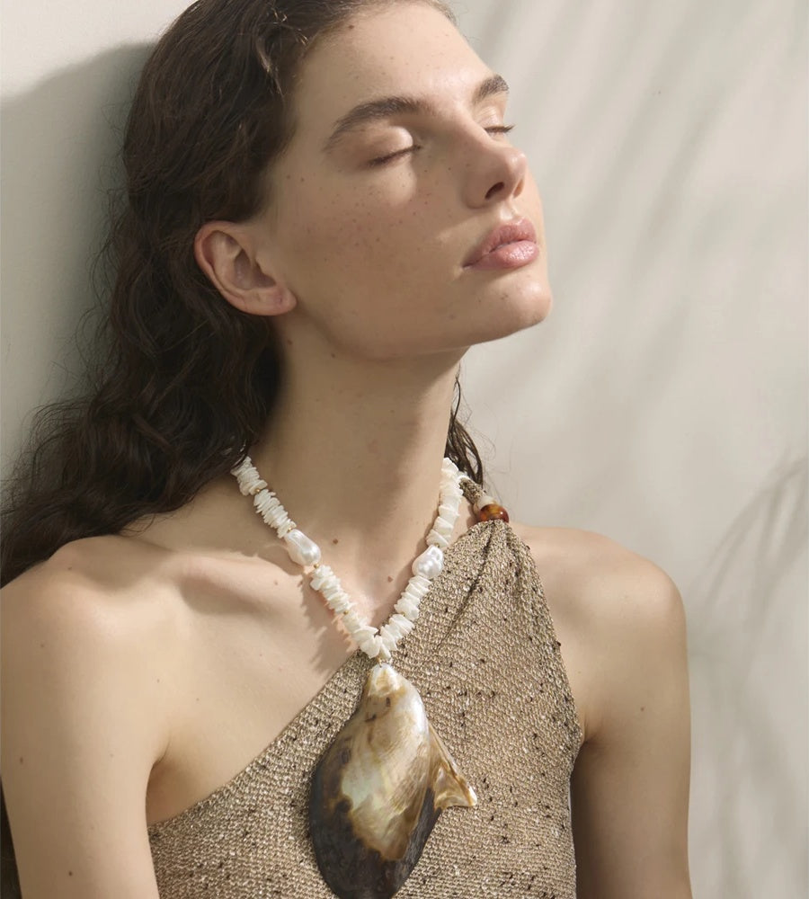 Baroque simulated pearl shell pendant necklace - product image