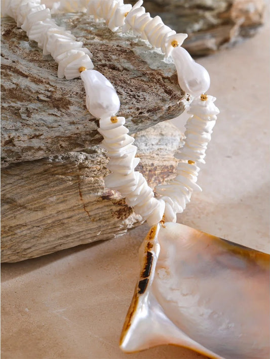 Baroque simulated pearl shell pendant necklace - product image