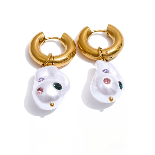 Baroque simulated pearl zirconia drop earrings - product image