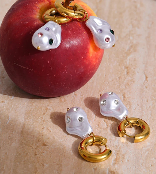 Baroque simulated pearl zirconia drop earrings - product image